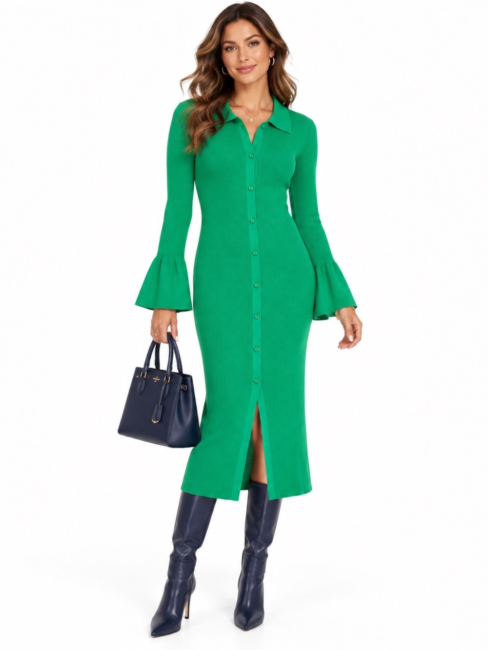 Micas SZ XL Kelly Green Button-Front Knit Maxi Dress, bell sleeves/bust 34”-44”